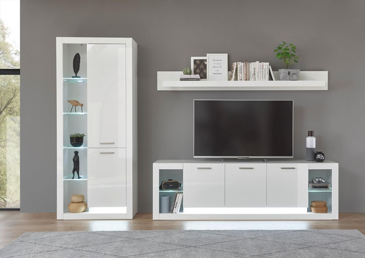 Wohnwand Meran Weiß/Weiß HG - Weiß Hochglanz/Weiß, Design, Glas/Holzwerkstoff (298/195/43cm) - MID.YOU