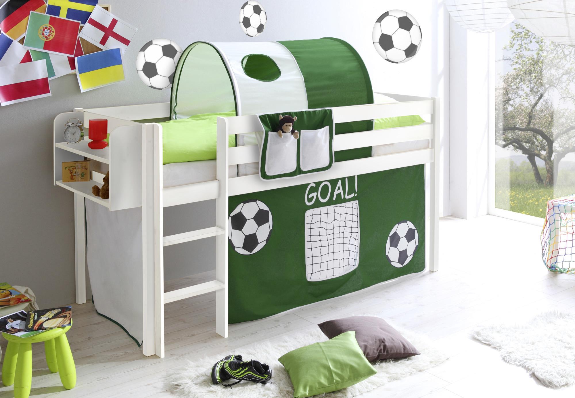 Kinderbett Malte 90x200cm Holz Massiv Weiß/Grün mit Vorhang