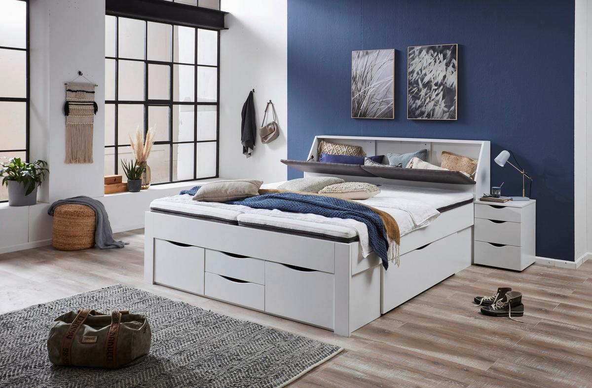 Stauraumbett mit Bettkasten 180x200 cm Maxi Weiß - Weiß/Grau, KONVENTIONELL, Holzwerkstoff/Textil (180/200cm)