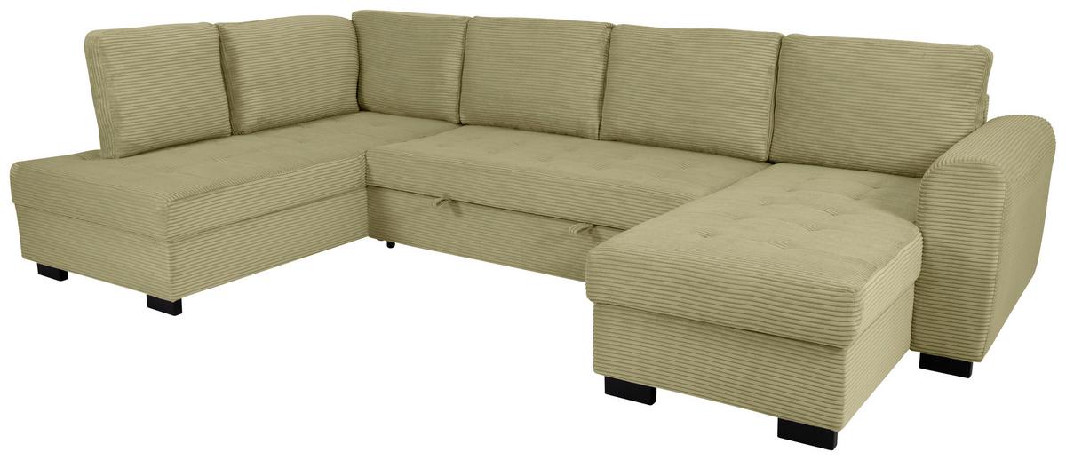 Souprava U MALTE, levá, světle zelený manšestr - černá/světle zelená, Moderní, textil/plast (178/305/155cm) - Based