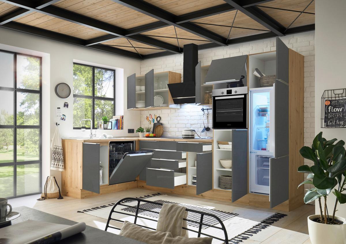 Eckküche mit Geräten 340x170 cm Grau/Eiche Dekor, Modern - Anthrazit/Eiche Artisan, LIFESTYLE, Holzwerkstoff (170/340cm) - Respekta