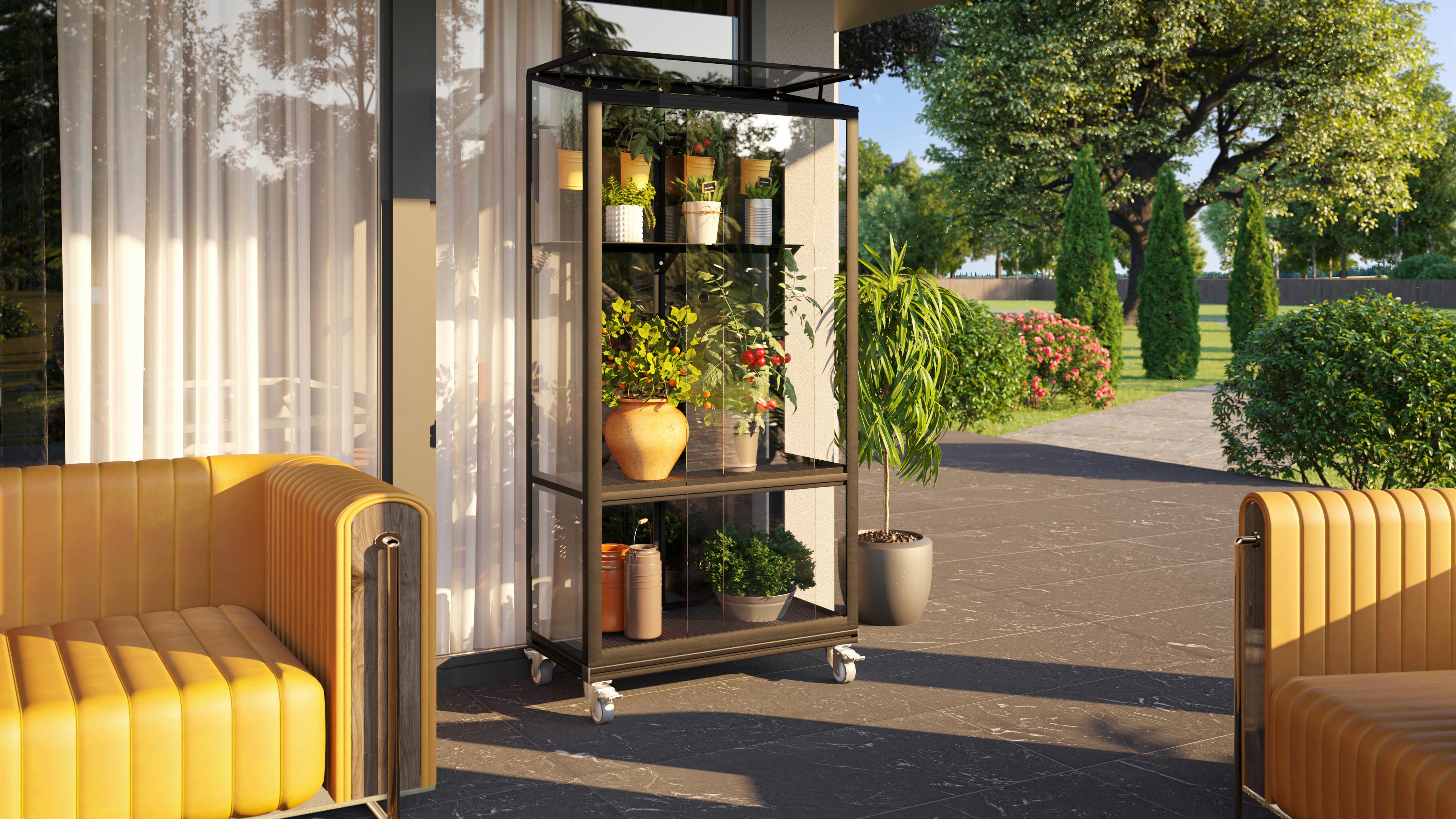 Auf Rollen gelagertes Balkon-Gewächshaus mit aufstellbarem Dachfenster