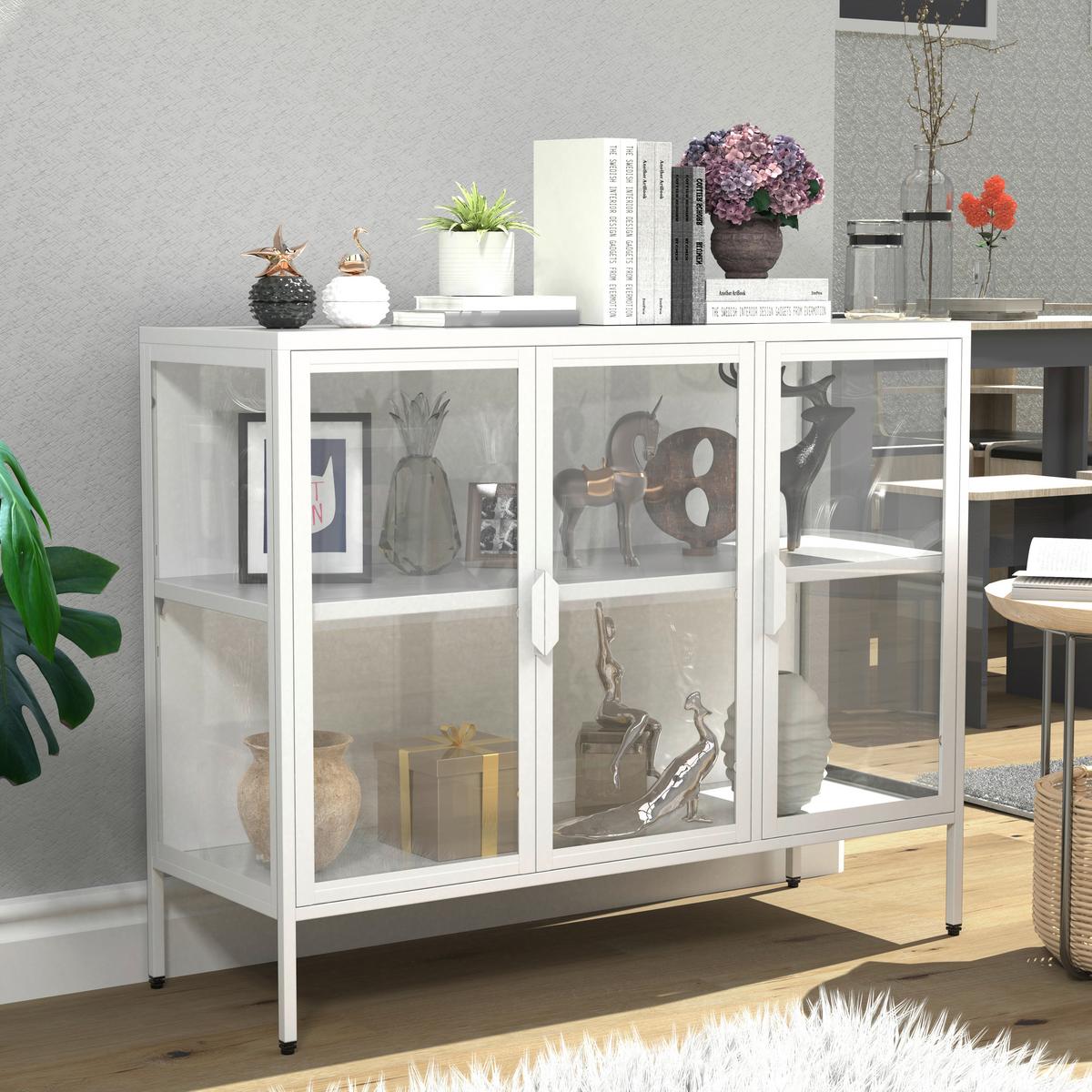 Vitrine Floka Weiß B: 110 cm - Transparent/Weiß, Design, Glas/Metall (110/80/35cm) - MID.YOU