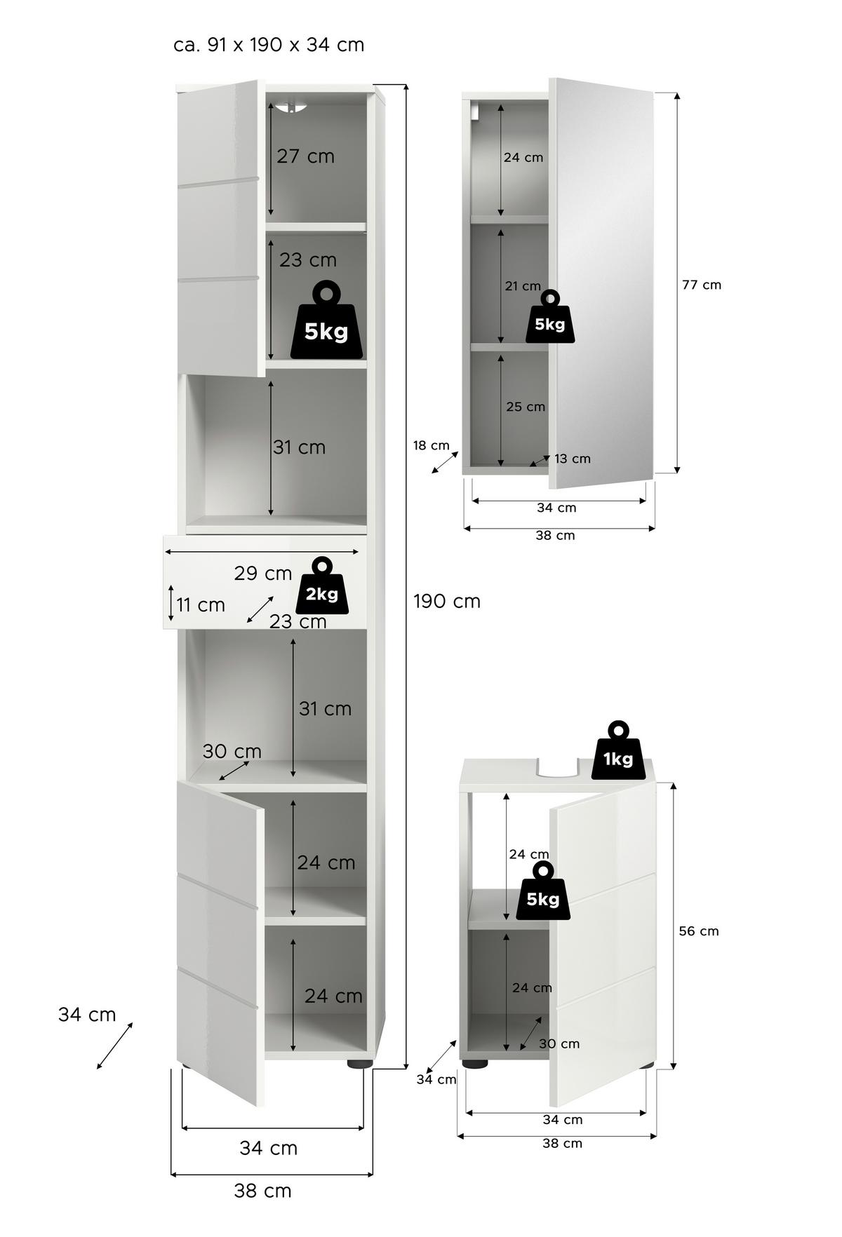 Badezimmer Vira Weiß B: 76 Cm - Weiß Hochglanz/Schwarz, MODERN, Holzwerkstoff (76cm) - MID.YOU