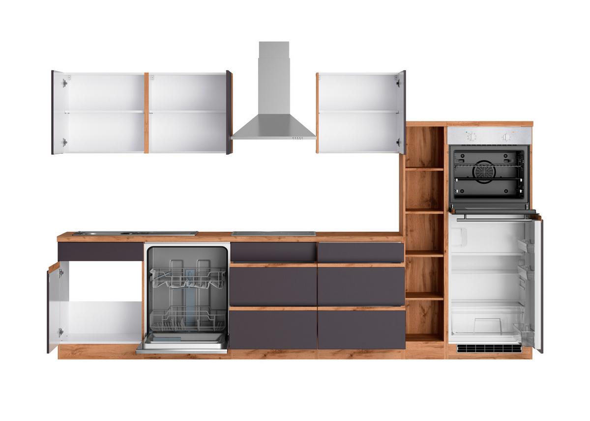 Küchenzeile Turin mit Geräten B: 330cm Grau/Wotaneiche Dekor - Eiche Wotan/Grau, Design, Holzwerkstoff (330cm) - Held