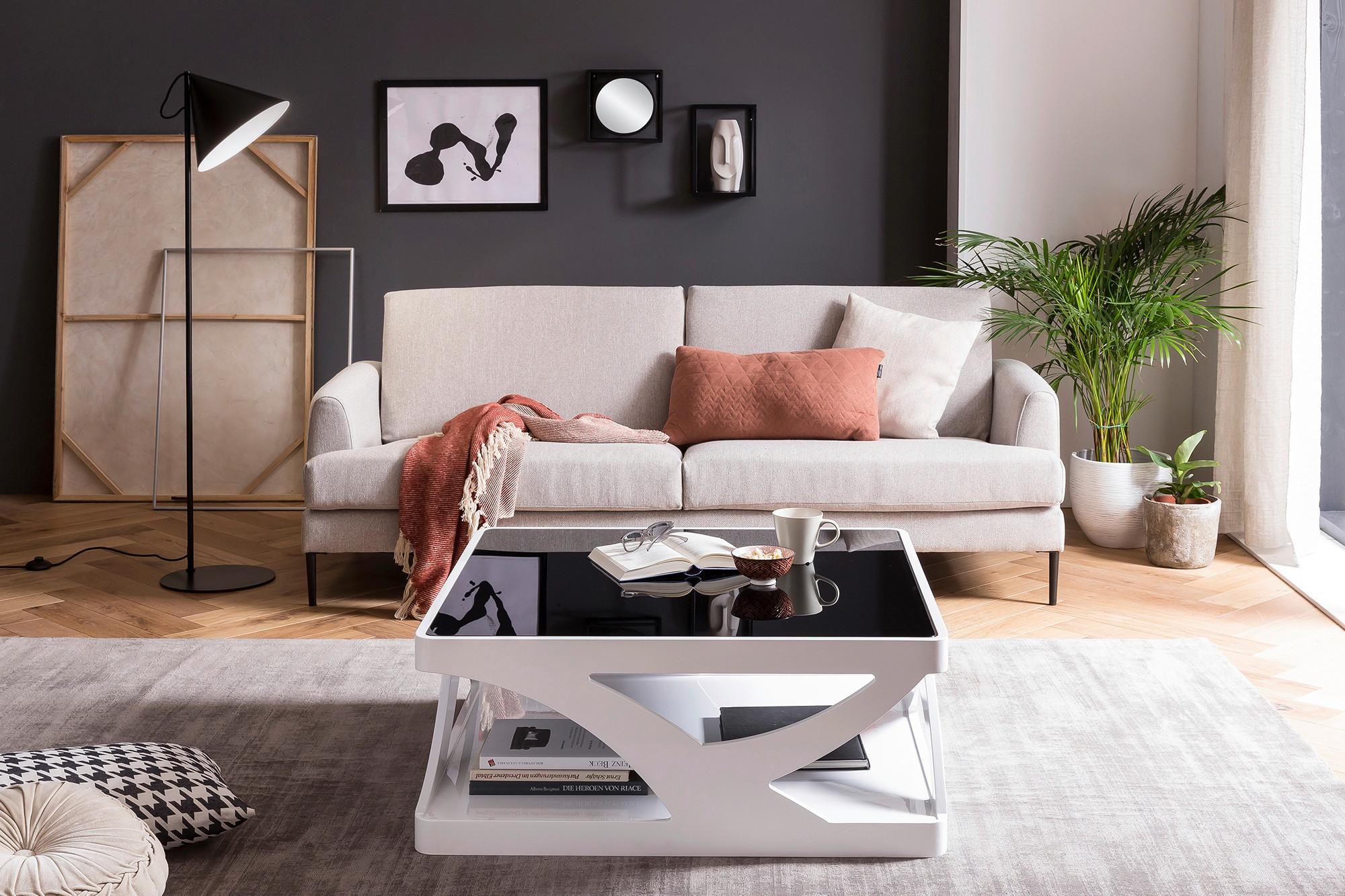 Couchtisch Schwarz, Weiß L: 90 cm - Weiß Hochglanz/Schwarz, Design, Glas/Holzwerkstoff (90/90/38cm) - Livetastic