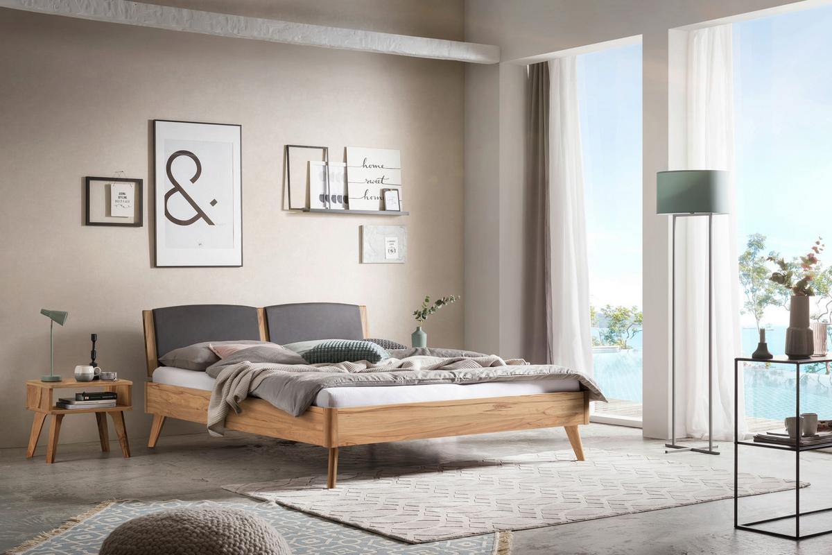 Bett Mareto Buchefarben 140x200 Cm - Dunkelgrau/Buchefarben, KONVENTIONELL, Holz/Textil (140/200cm) - Hasena