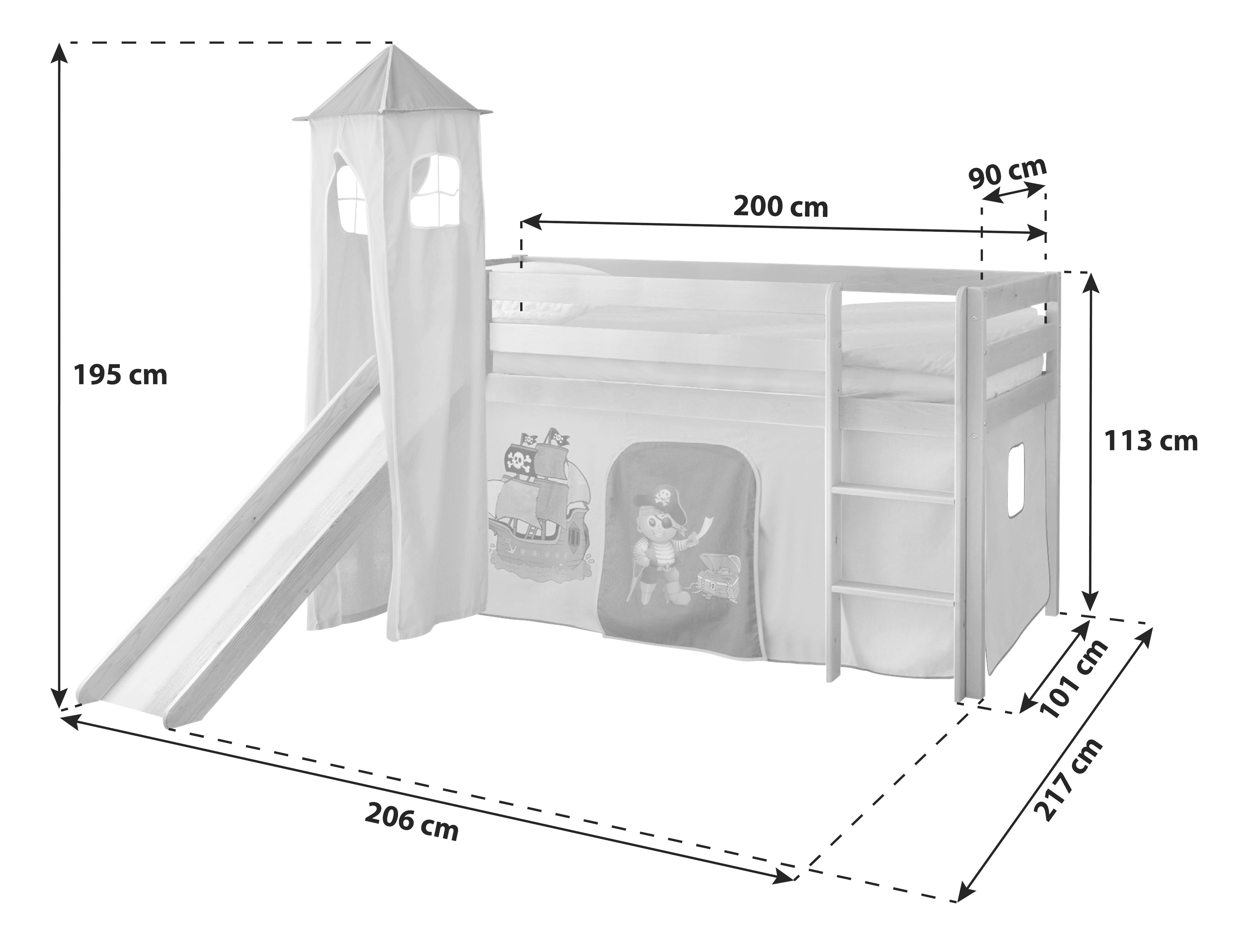 Spielbett Kasper Blau Kiefer Massiv 90 Cm Rutsche Turm - Blau/Kieferfarben, Natur, Holz (90/200cm) - MID.YOU