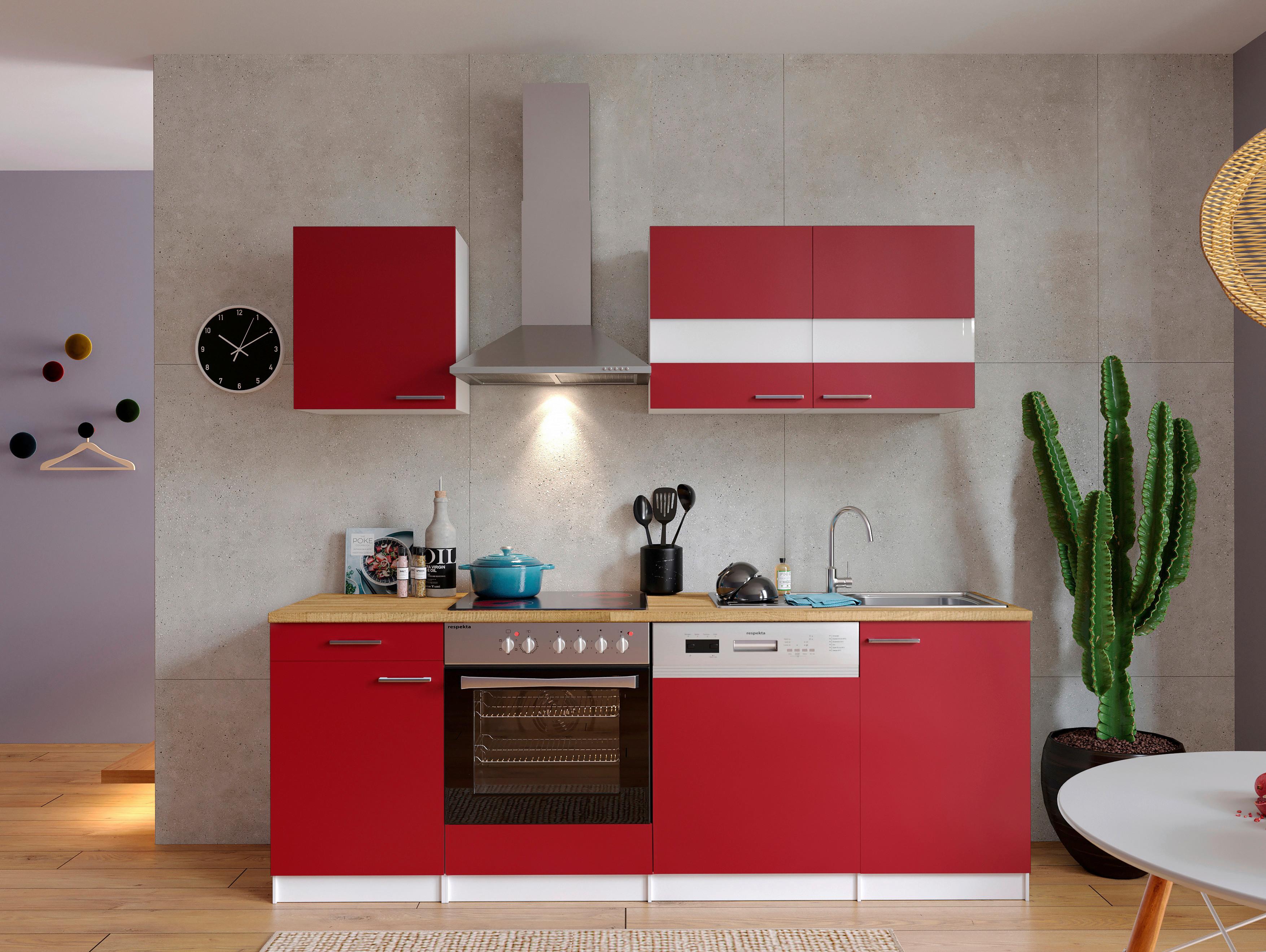 Küchenzeile Economy mit Geräten 220 cm Rot/Nussbaum Dekor - Rot/Nussbaumfarben, Basics, Holzwerkstoff (220cm) - Respekta