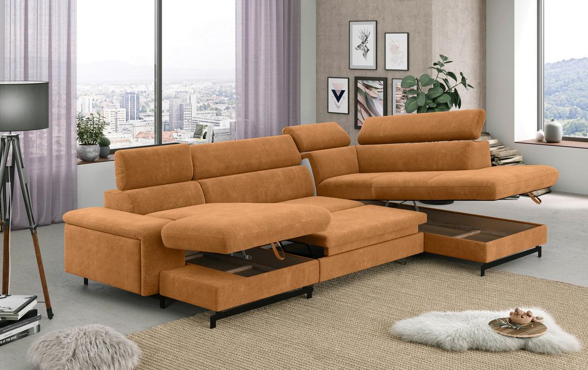 Wohnlandschaft mit Bettkasten Emma Cognac - Cognac/Schwarz, Textil (165/328/215cm) - MID.YOU