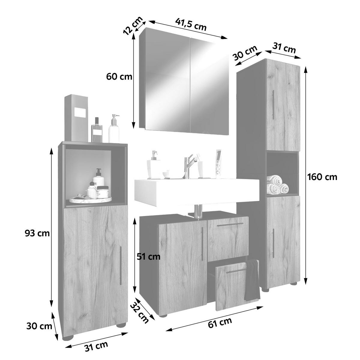 Badmöbel-Set 4-Tlg. Flandu 123 cm Eiche Dekor - Honigeiche/Anthrazit, MODERN, Holzwerkstoff (123cm) - MID.YOU