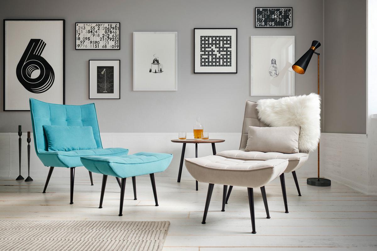 Čalúnené kreslo s podnožkou TOMA, svetlosivé - čierna/svetlosivá, Modern, kov/drevo (68/95/66cm) - Bessagi Home