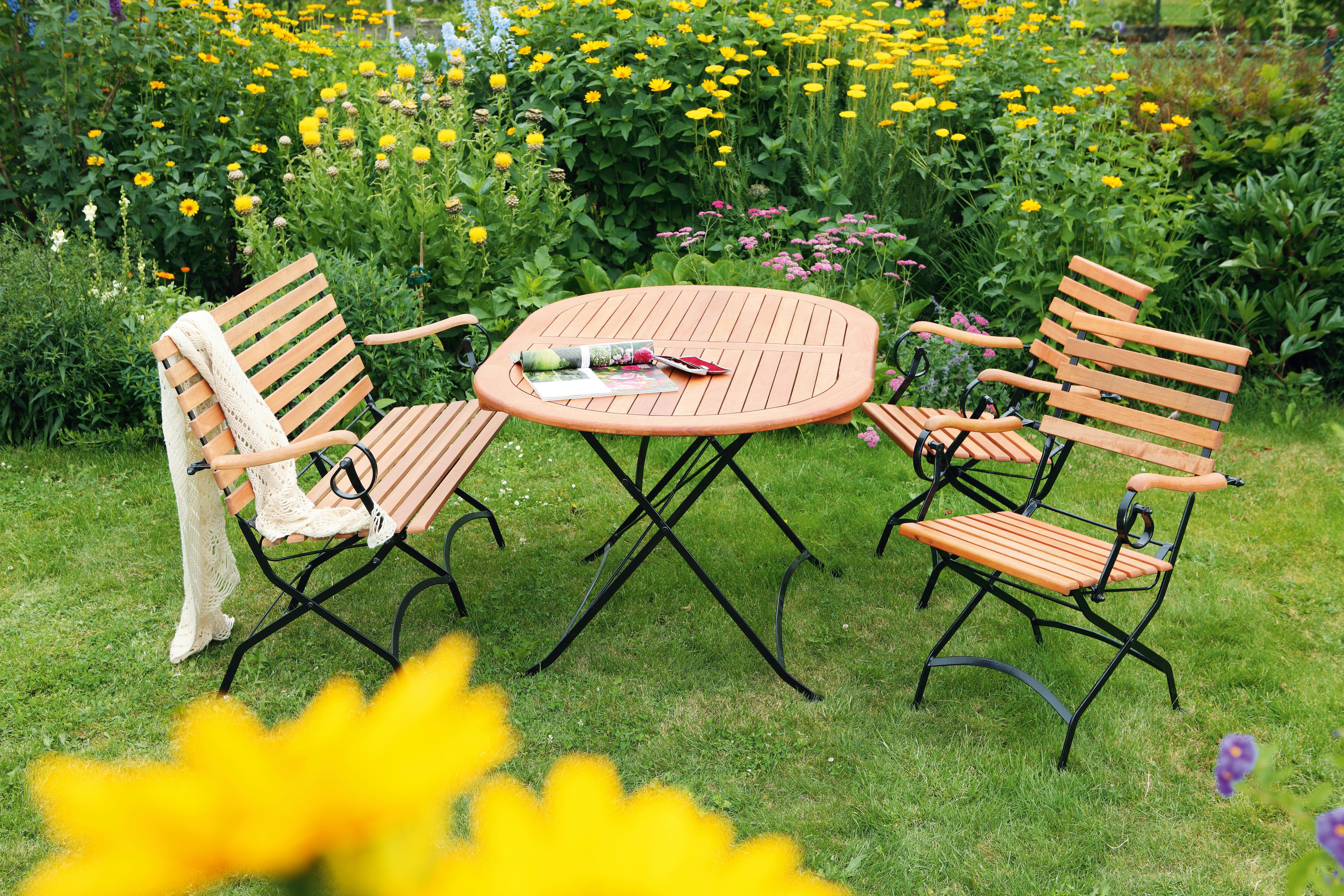 Gartengarnitur 4-tlg. Schlossgarten Echtholz Massiv - Schwarz/Naturfarben, ROMANTIK / LANDHAUS, Holz/Metall (140/75/90cm) - Gardenson