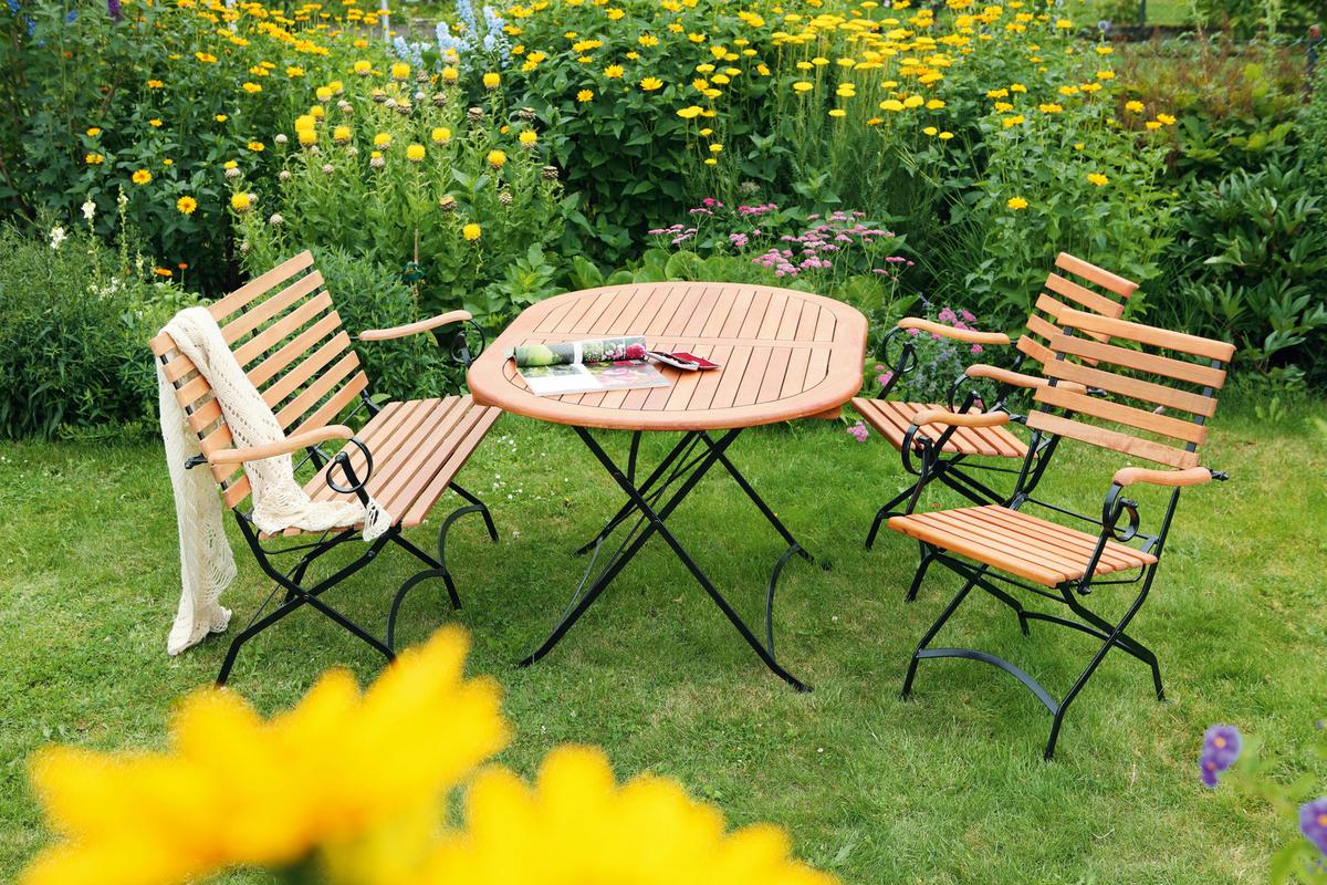 Gartengarnitur 4-tlg. Schlossgarten Echtholz Massiv - Schwarz/Naturfarben, ROMANTIK / LANDHAUS, Holz/Metall (140/75/90cm) - Gardenson