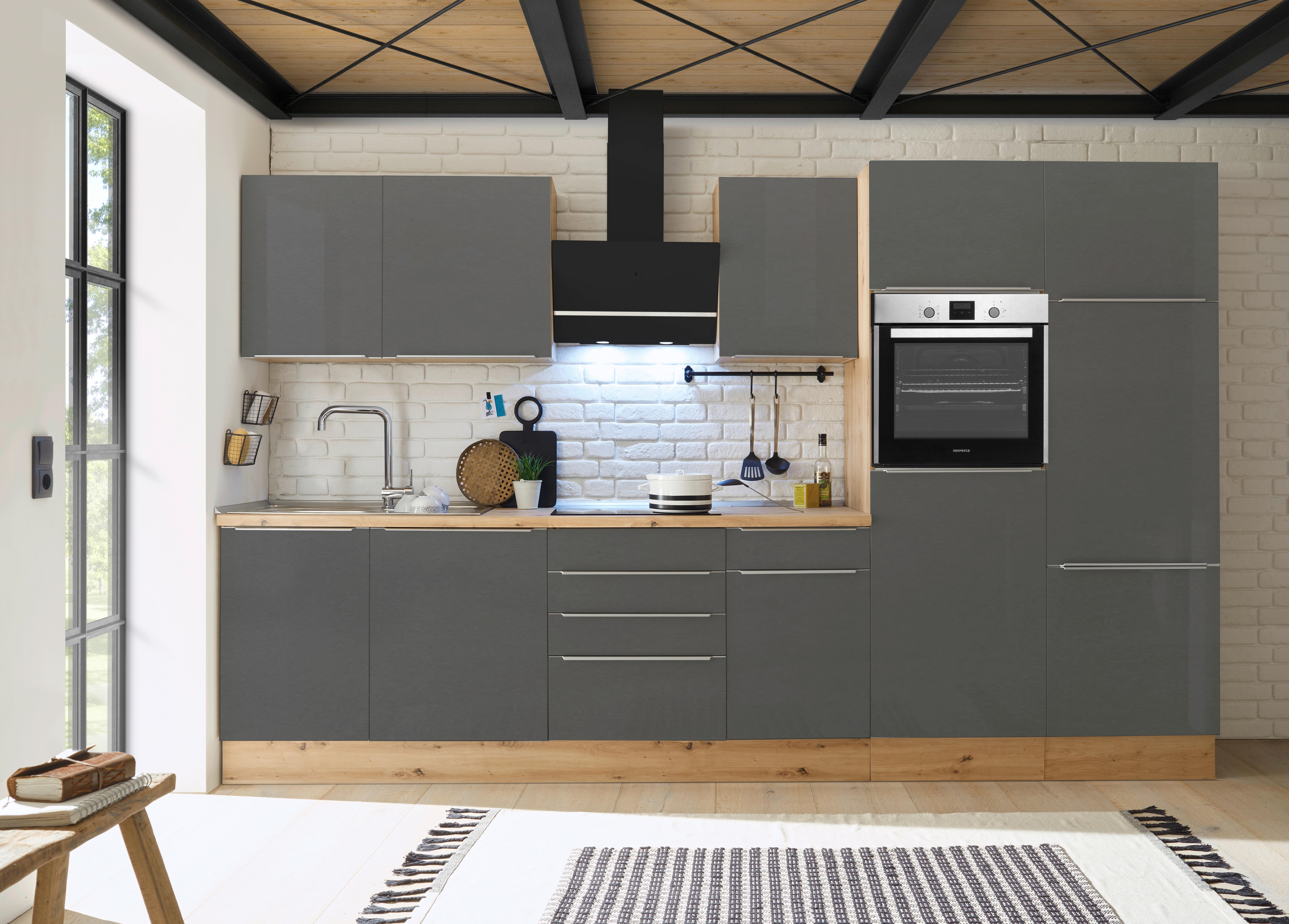 Küchenzeile mit Geräten B: 340 cm Grau/Eiche Dekor - Anthrazit/Eiche Artisan, LIFESTYLE, Holzwerkstoff (340cm) - Respekta