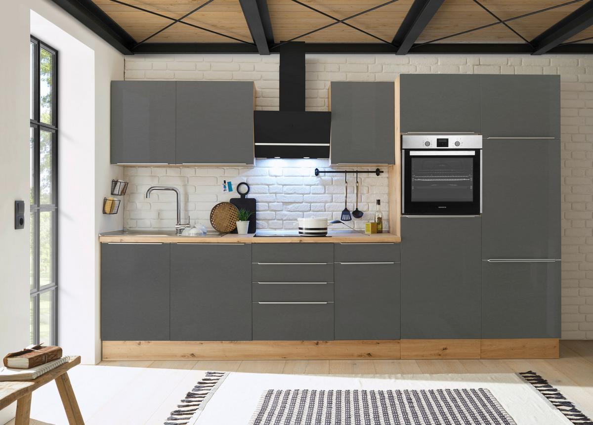 Küchenzeile mit Geräten B: 340 cm Grau/Eiche Dekor - Anthrazit/Eiche Artisan, LIFESTYLE, Holzwerkstoff (340cm) - Respekta