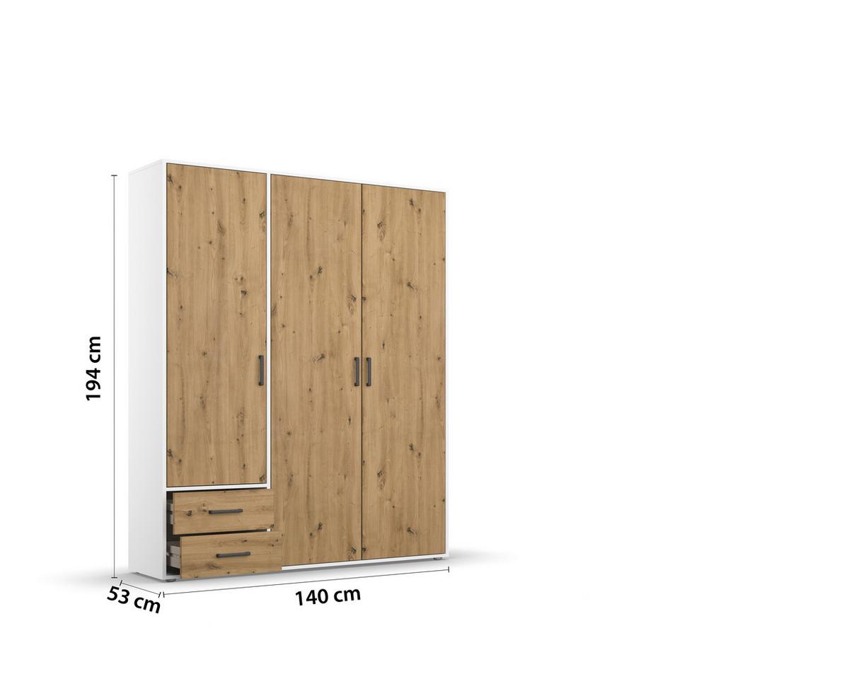 Drehtürenschrank Voyager Weiß,eiche Artisan B: 140 cm - Eiche Artisan/Weiß, MODERN, Holzwerkstoff (140/194/53cm) - Rauch Möbel