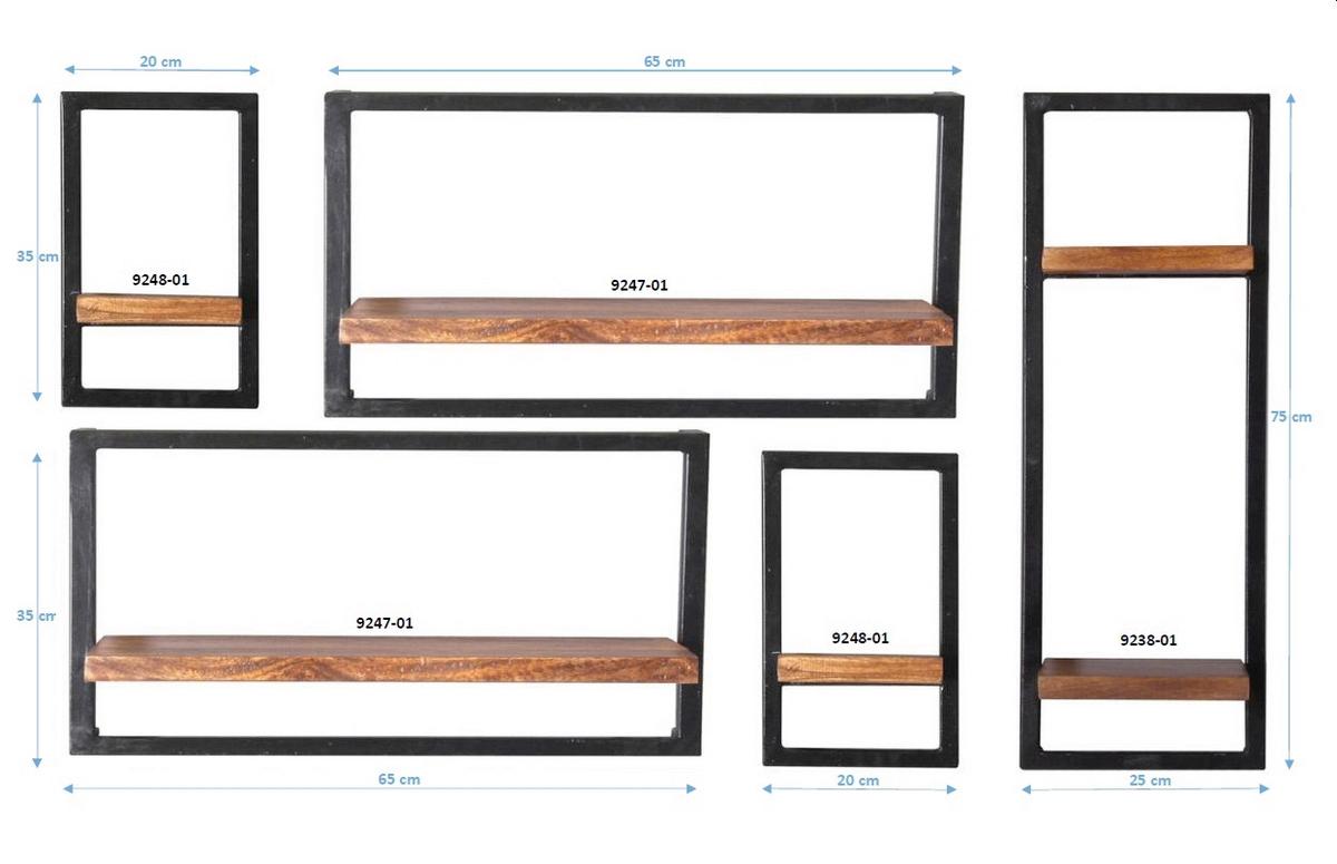 Wandregalset 5-tlg. Mangoholz B: 120cm - Schwarz/Naturfarben, Design, Holz/Metall (120/75/25cm) - MID.YOU