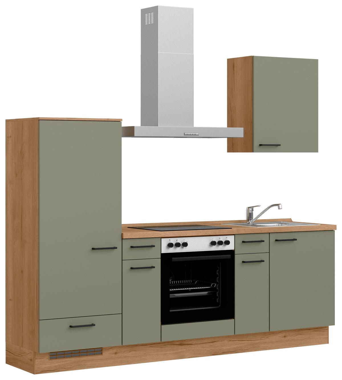 Kuchyňská linka 240 cm, olivově zelená - barvy dubu/černá, Moderní, kov/kompozitní dřevo (240cm) - Nobilia