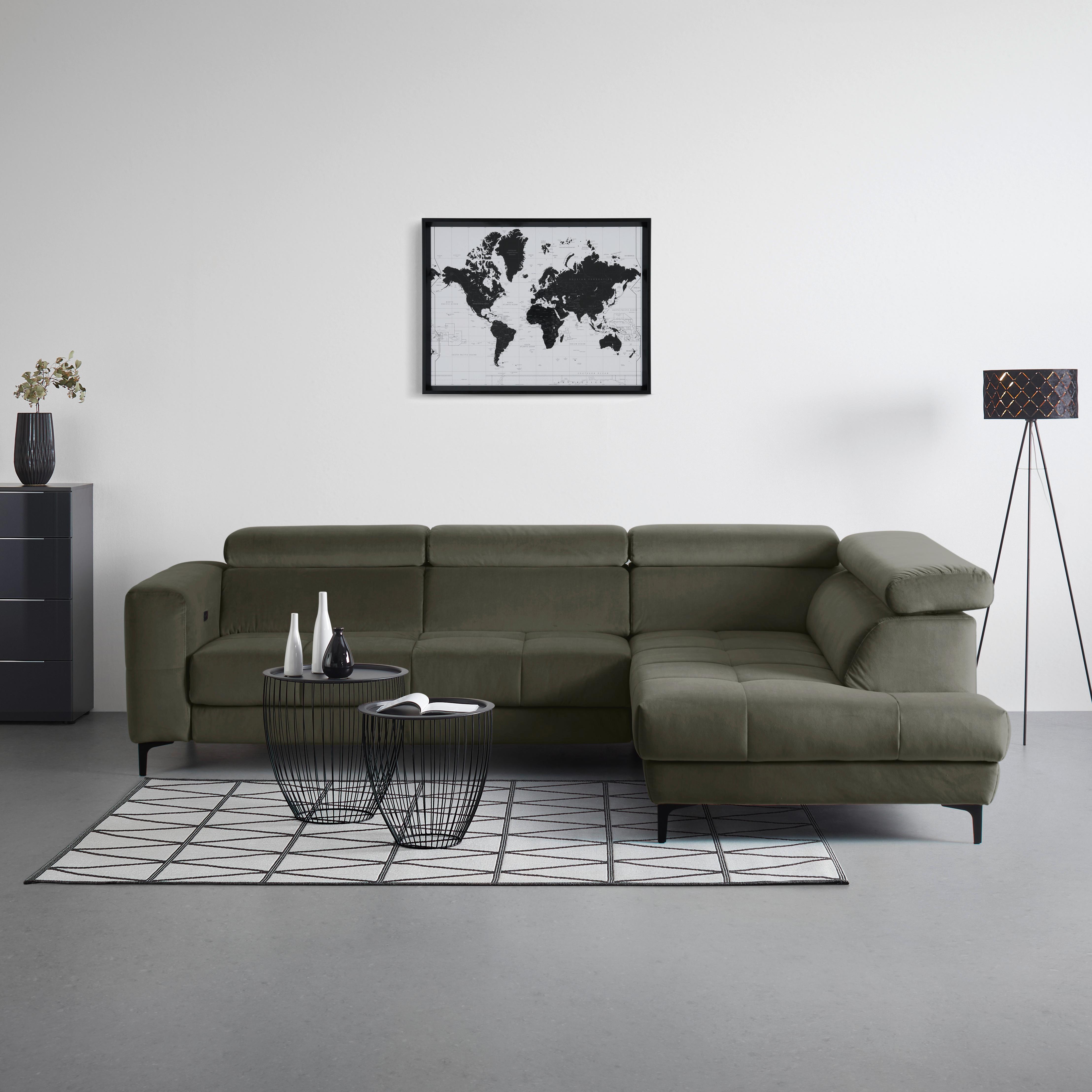 Rohová sedačka EMMA, pravá, šedozelená,op.hl.,USB,el.výsuv - černá/šedozelená, Moderní, textil (301/210cm) - Premium Living