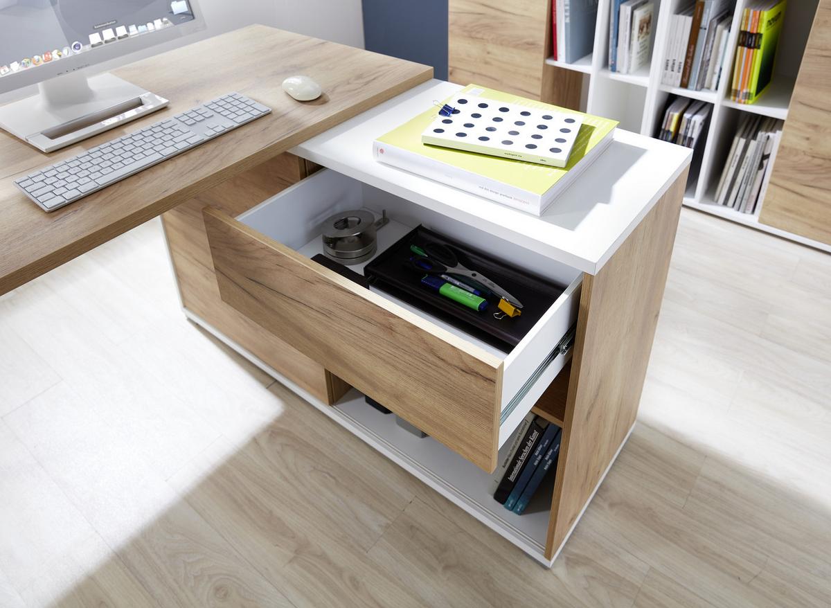 Eckschreibtisch Mit Stauraum B 120cm H 117cm Gw-Lioni Eiche - Eichefarben/Weiß, Design, Holzwerkstoff/Metall (120/75/117cm) - Germania