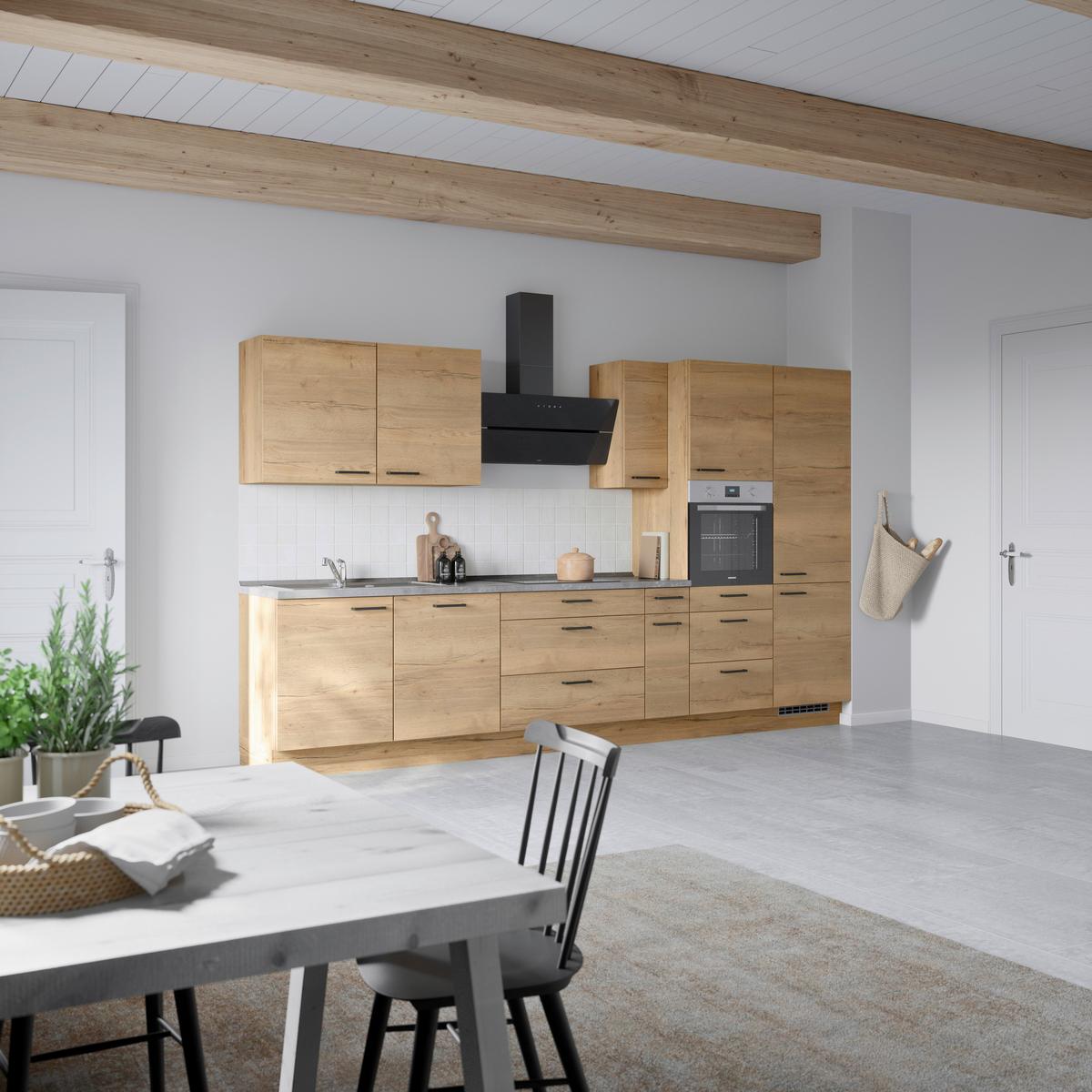Kuchynská linka 360 cm, dub Sierra - čierna/farba duba, Modern, kov/kompozitné drevo (360cm) - Nobilia