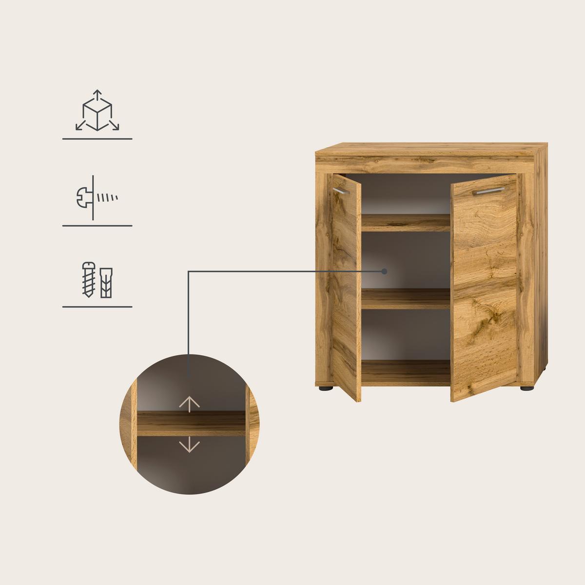 Wohnwand Jam Eiche Wotan Dekor B: 330cm - Eiche Wotan/Schwarz, Design, Glas/Holzwerkstoff (330/169/35cm) - MID.YOU