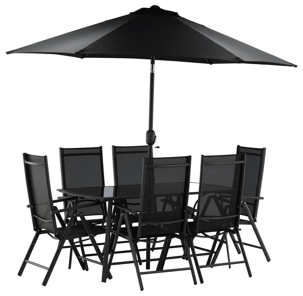 Gartentischgruppe 8-Tlg Brekki aus Aluminium mit Schirm - Schwarz, KONVENTIONELL, Glas/Metall - Gardenson