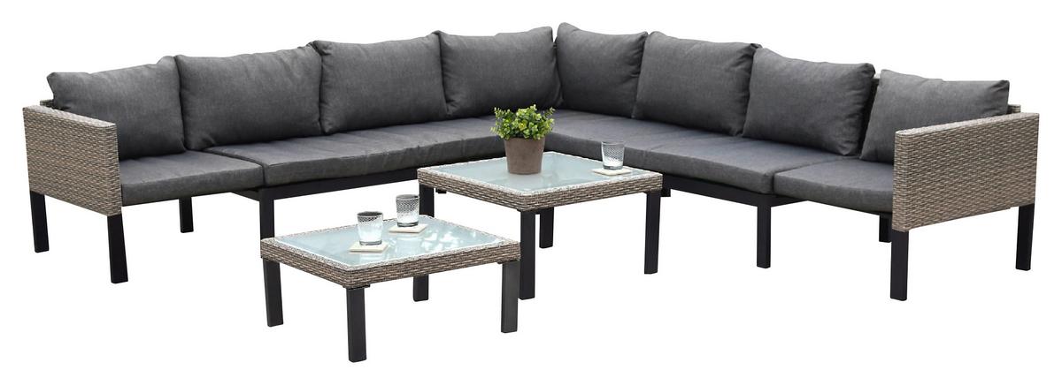 Loungegarnitur 3-Tlg Amantea Metall/Kunststoff mit Kissen - Beige, MODERN, Glas/Kunststoff (200/200cm) - Gardenson