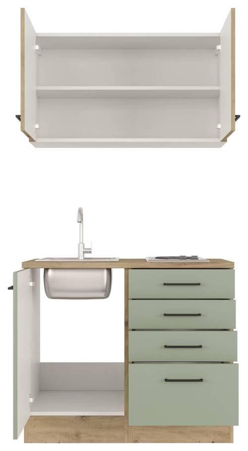 Minikuchyňa CARA, šírka 100cm vrátane drezu a varnej dosky - čierna/zelená, Modern, kov/kompozitné drevo (100cm) - FlexWell