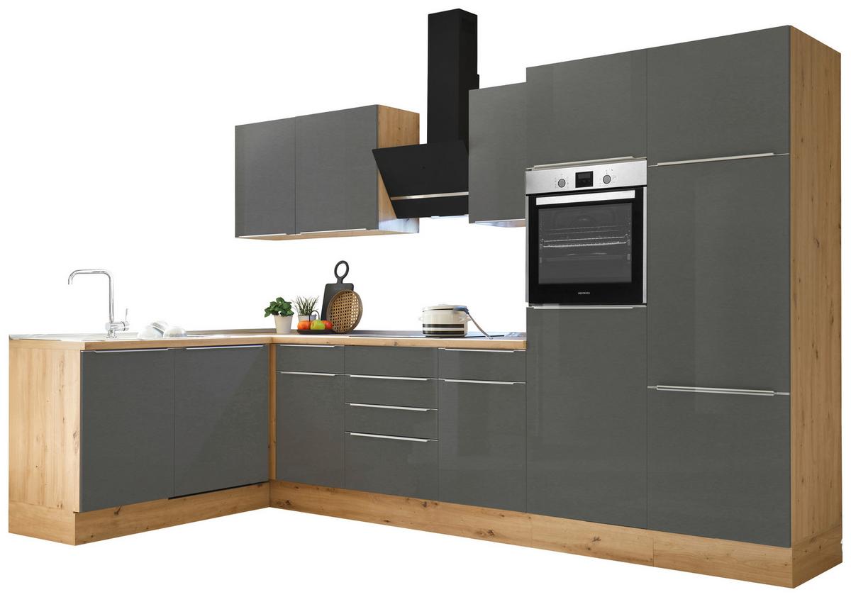Eckküche mit Geräten 340x170 cm Grau/Eiche Dekor, Modern - Anthrazit/Eiche Artisan, LIFESTYLE, Holzwerkstoff (170/340cm) - Respekta