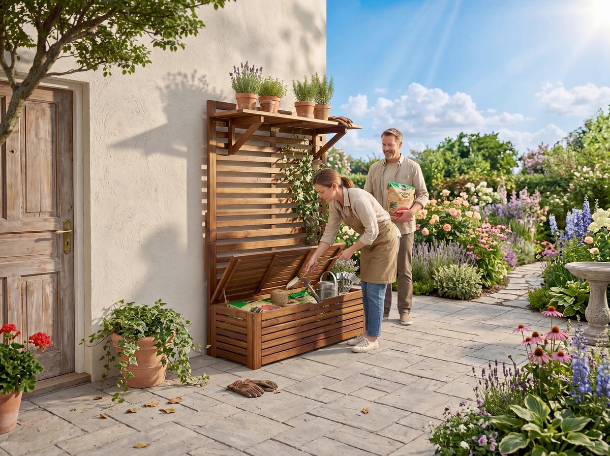 Blumenregal mit Sitzbank & Aufbewahrung - Akaziefarben, Basics, Holz (70/32/117cm) - Prestige Home