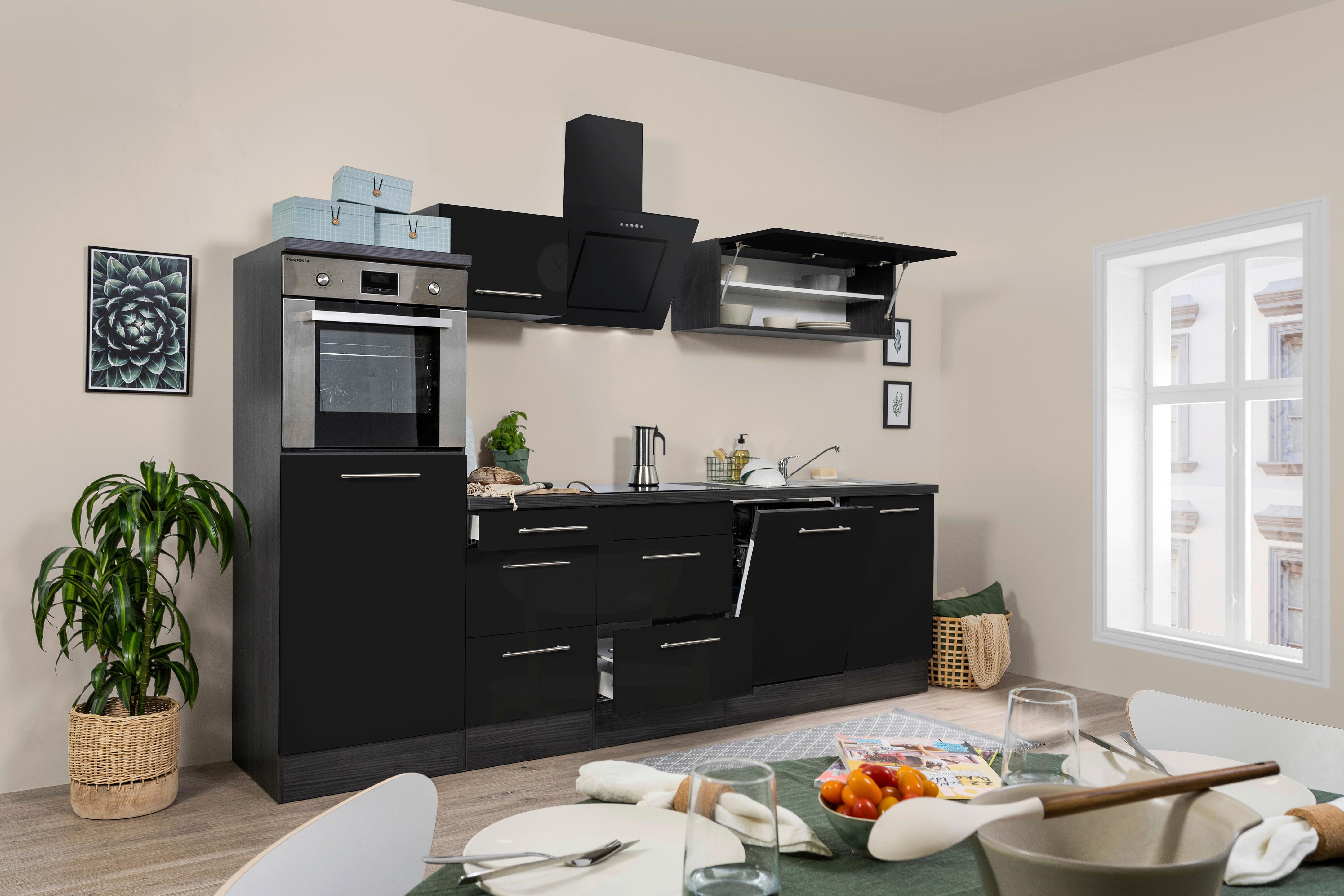 Küchenzeile mit Geräten 280 cm Schwarz Hochglanz/Eiche Grau - Eichefarben/Schwarz, Basics, Holzwerkstoff (280cm) - Respekta