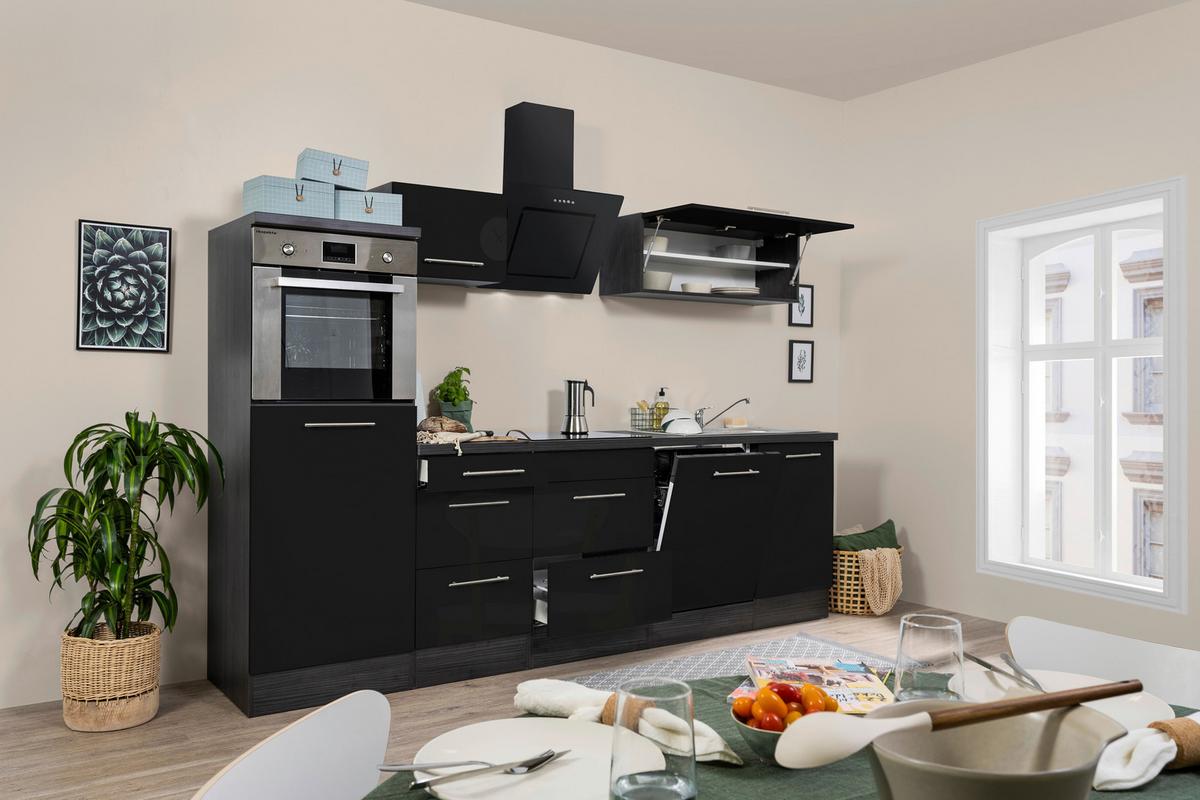 Küchenzeile mit Geräten 280 cm Schwarz Hochglanz/Eiche Grau - Eichefarben/Schwarz, Basics, Holzwerkstoff (280cm) - Respekta