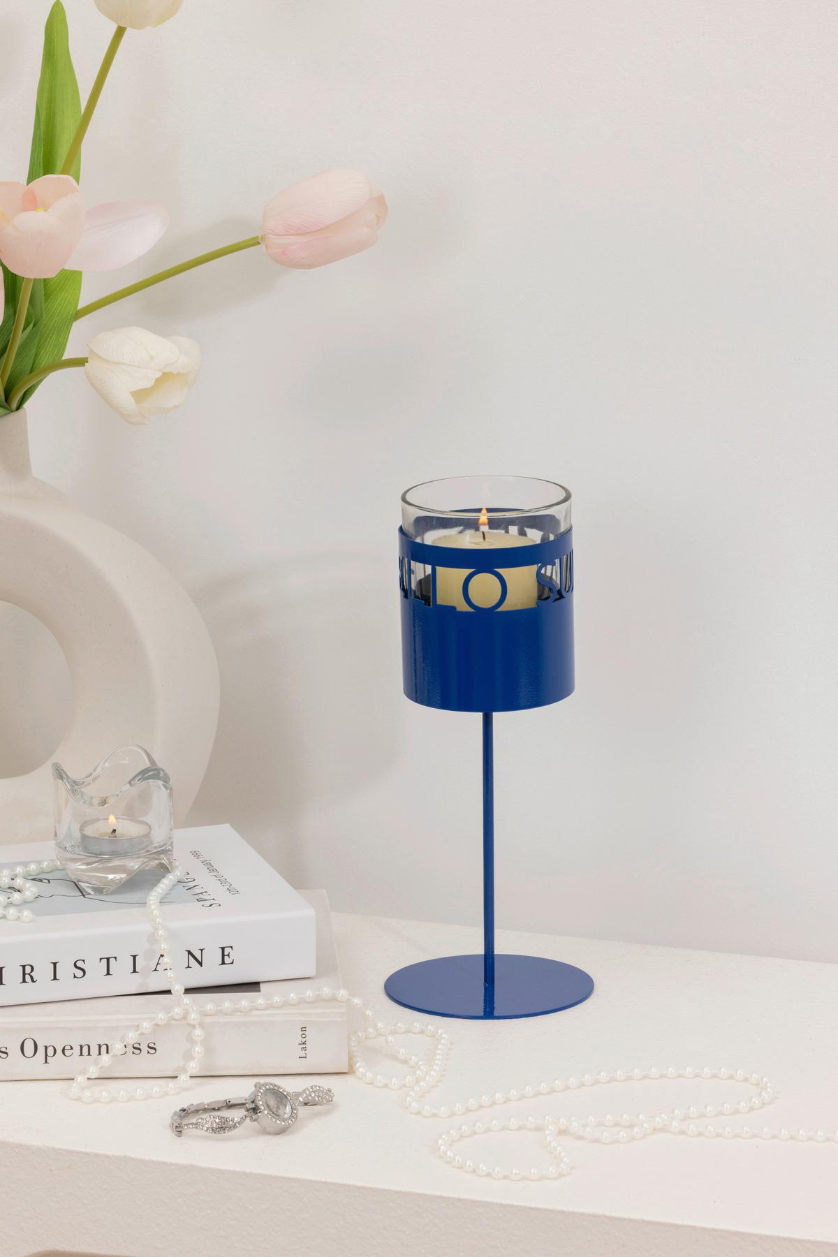 Teelichthalter Balu - Blau, KONVENTIONELL, Glas/Metall (10/24,5cm) - Luca Bessoni