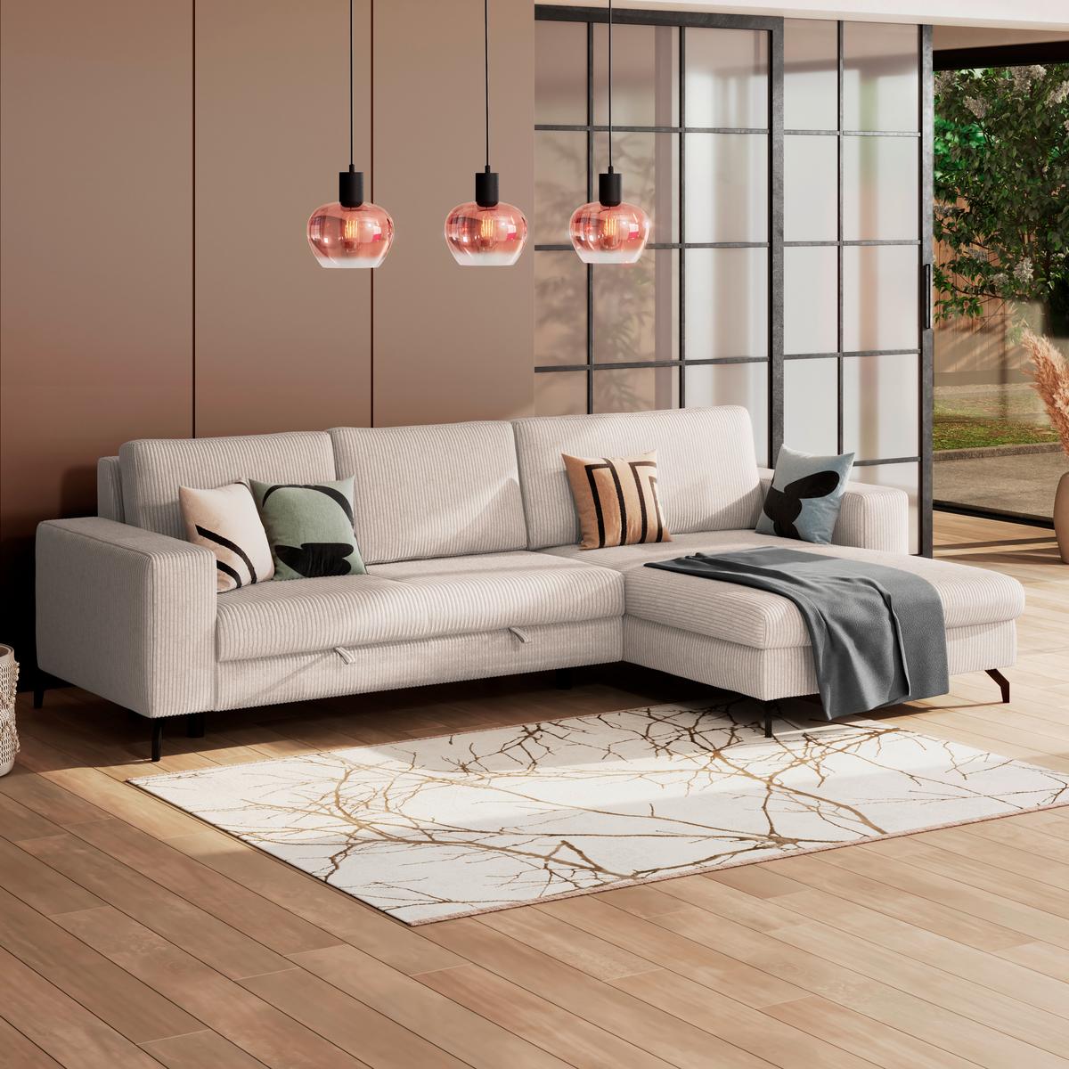 Ecksofa mit Schlaffunktion & Bettkasten Cloud Perlmutt Cord - Perlmutt, Trend, Textil (290/178cm)