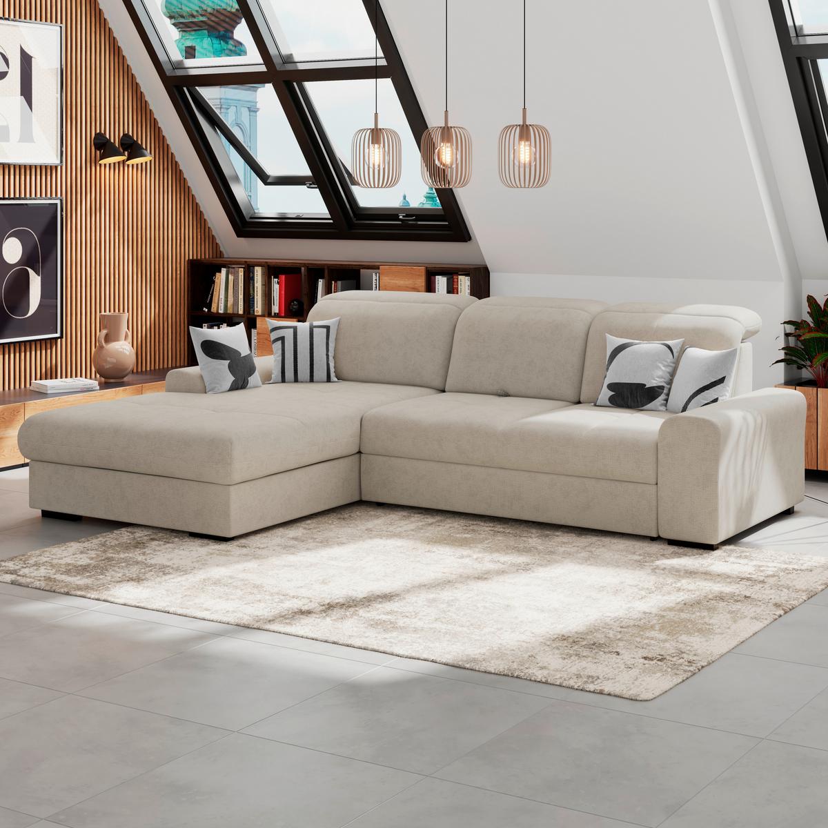 Ecksofa mit Bettfunktion Malaga new Chenille hellgrau - Hellgrau/Schwarz, KONVENTIONELL, Textil (203/286cm) - Ondega