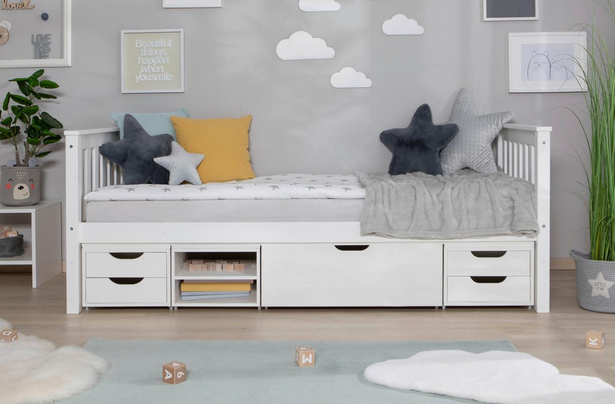 Etagenbett Sammy Weiß Kiefer Massiv 90 Cm Mit Stauraum - Weiß, MODERN, Holz (90/200cm) - MID.YOU