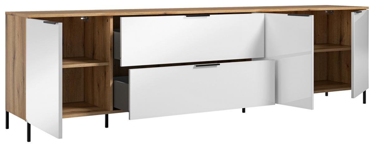 TV-Lowboard Austin 225 cm Eichefarben/Glasfront Weiss - Eichefarben/Schwarz, Trend, Glas/Holzwerkstoff (225/63/40cm)
