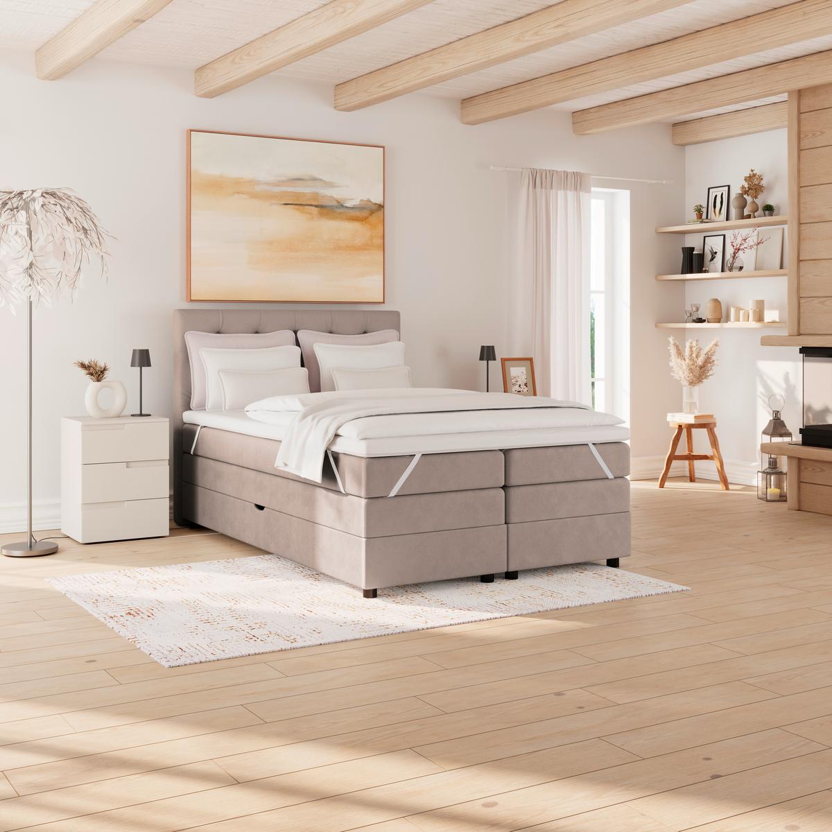 Boxspringbett Elio Beige 140x200 cm H2 - Beige/Schwarz, ROMANTIK / LANDHAUS, Textil (144/121/212cm) - James Wood