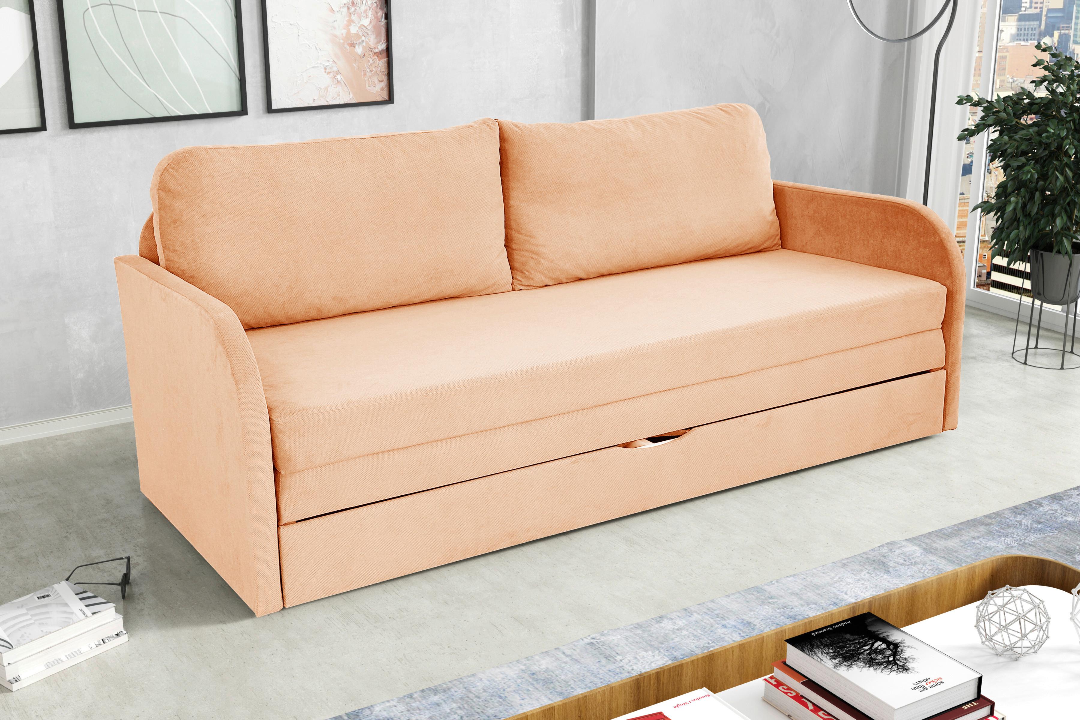 Schlafsofa Mit Bettkasten Milan Aprikose B: 203 Cm - Aprikose/Schwarz, Design, Textil (203/77/86cm) - MID.YOU
