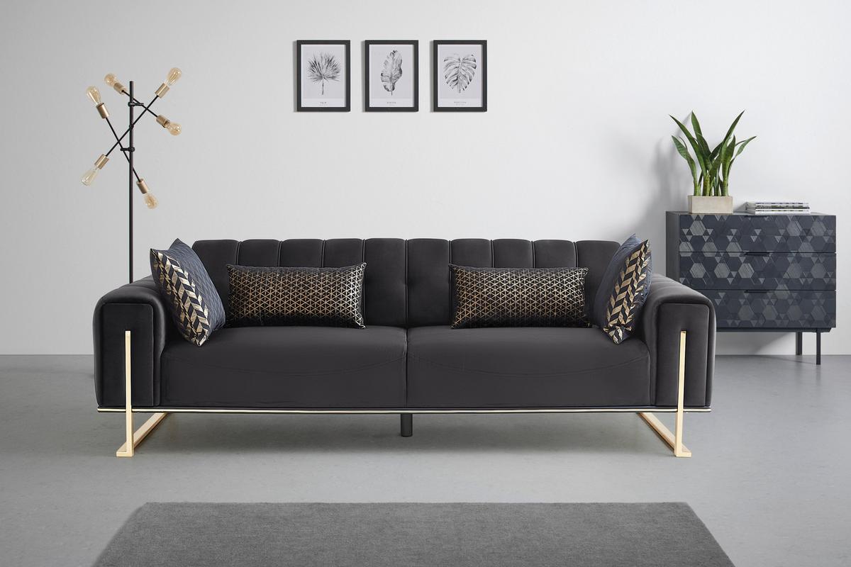 Trojmiestna pohovka AILE, čierny zamat, s vankúšmi - čierna/zlatá, Lifestyle, textil (244/80/90cm) - Mömax