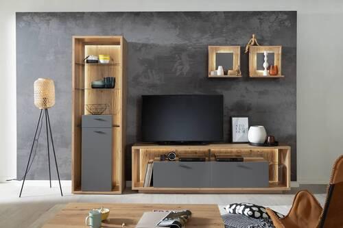 Wohnkombination 4-Tlg. Lizzano Grau/Eichefarben - Eichefarben/Grau, Design, Glas/Holzwerkstoff (286/209/40cm) - MID.YOU