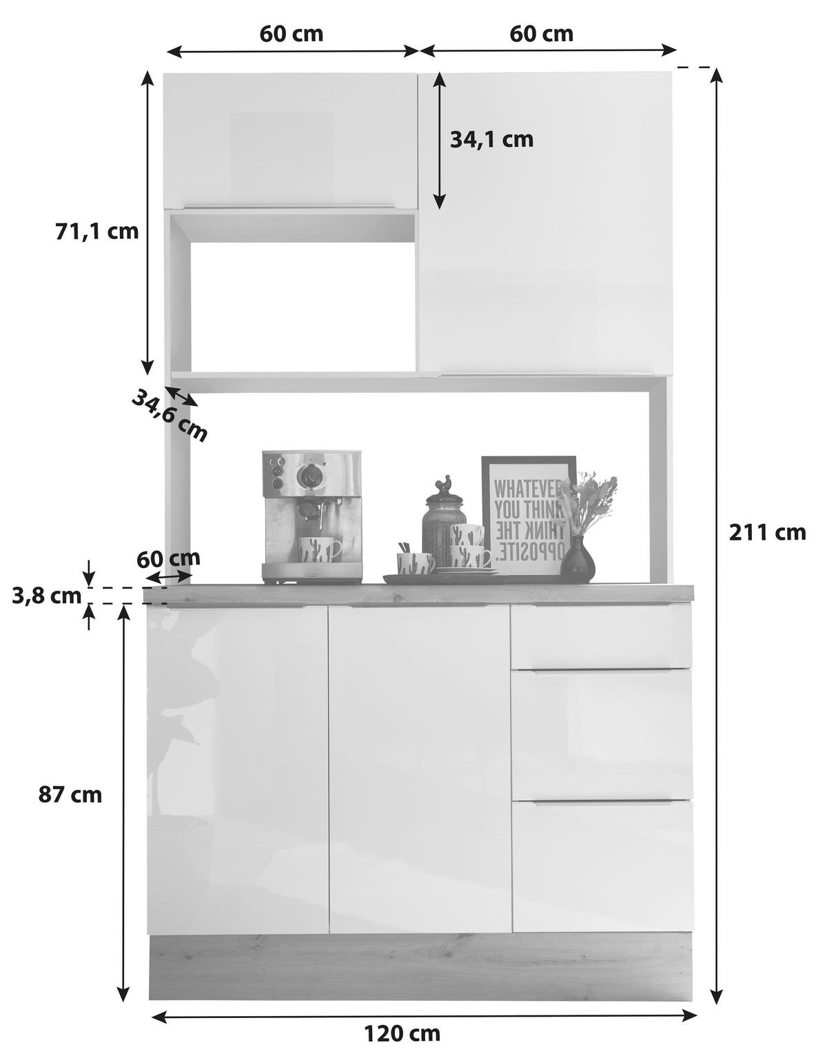 Miniküche ohne Geräte 120 cm Eiche Dekor/Weiß - Weiß Hochglanz/Eiche Artisan, LIFESTYLE, Holzwerkstoff (120cm) - Respekta