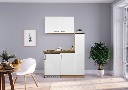 Miniküche mit Kühlschrank + Kochfeld 130 cm Weiß/Eiche - Edelstahlfarben/Eichefarben, MODERN, Holzwerkstoff/Metall (130cm) - Respekta