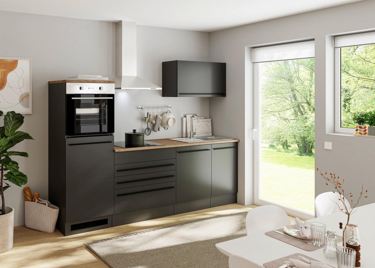 Kuchynský blok JAZZ 6 bez spotrebičov, šírka 260cm - čierna/farba duba, Modern, kompozitné drevo (260/200/60cm) - Modern Living