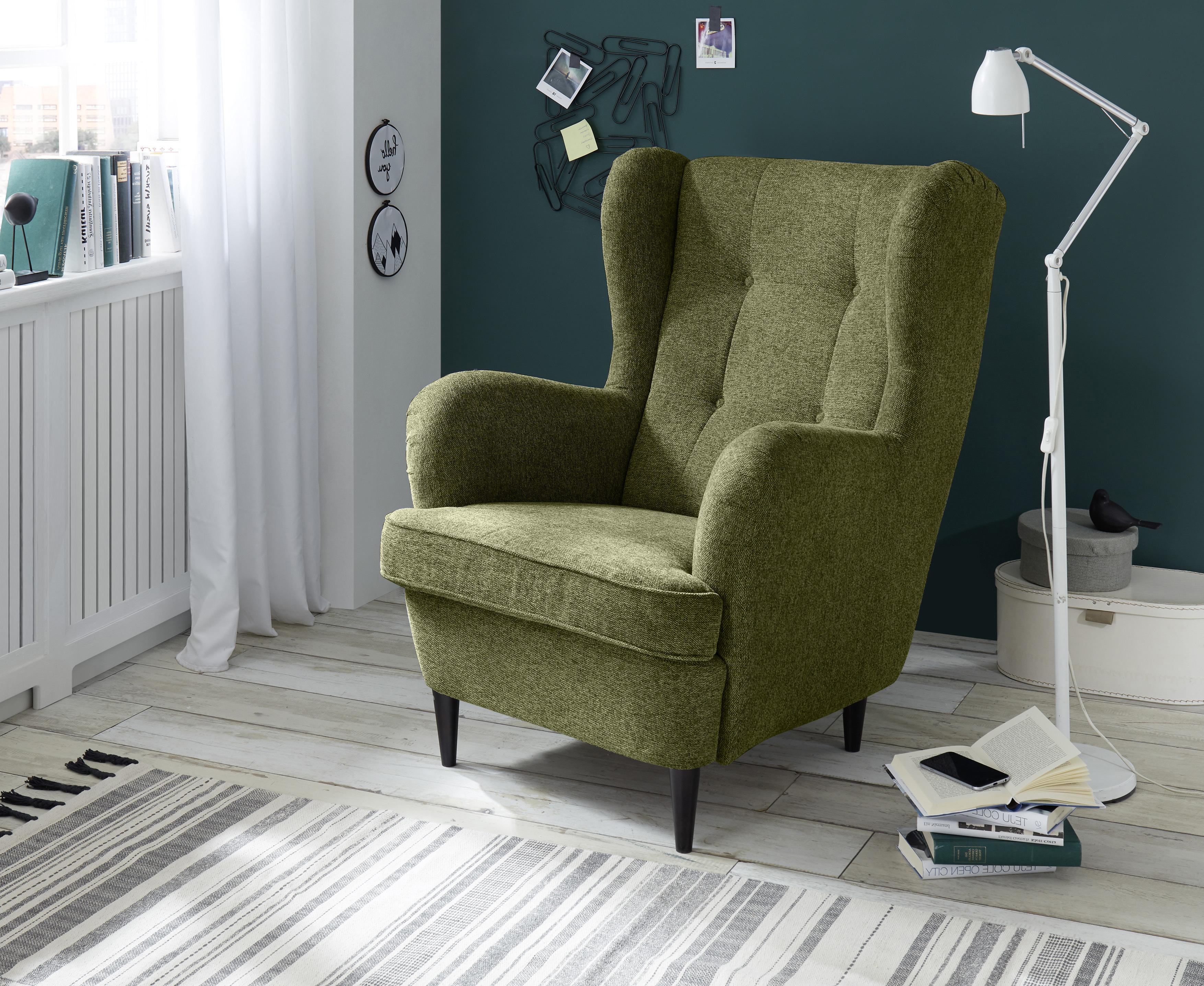 Ohrensessel Oskar Webstoff Olivefarben - Schwarz/Olivgrün, Basics, Holzwerkstoff/Textil (78/102/98cm) - MID.YOU