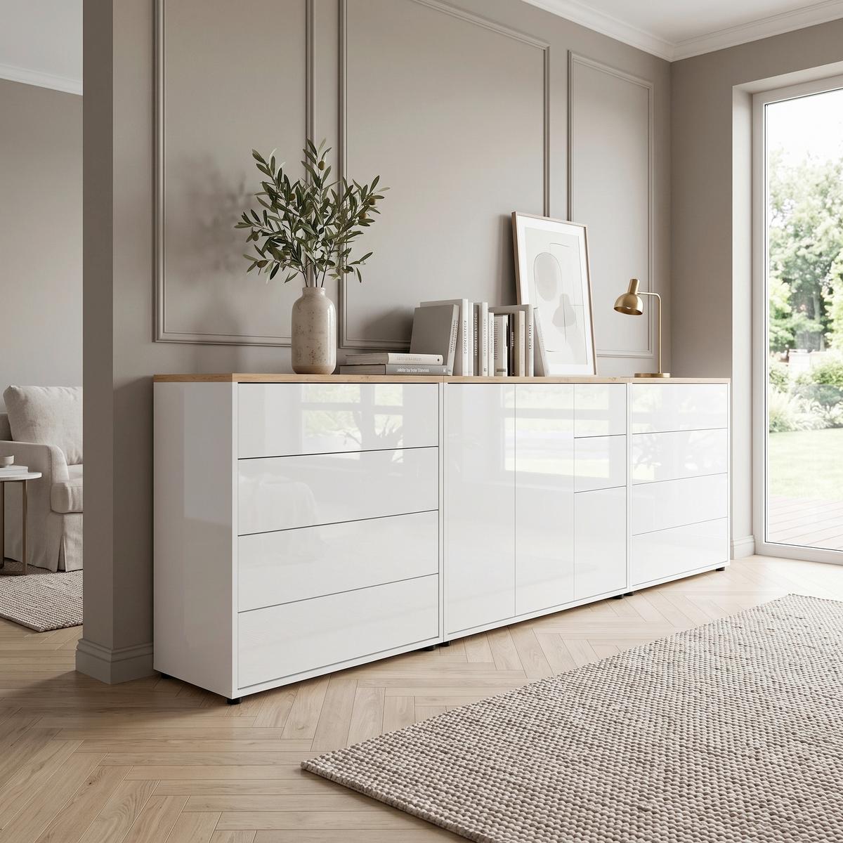 SIDEBOARD Mailand 8 B:263,5cm Weiß/Eiche - Weiß Hochglanz/Schwarz, MODERN, Holzwerkstoff (263,5/73/33cm) - MID.YOU