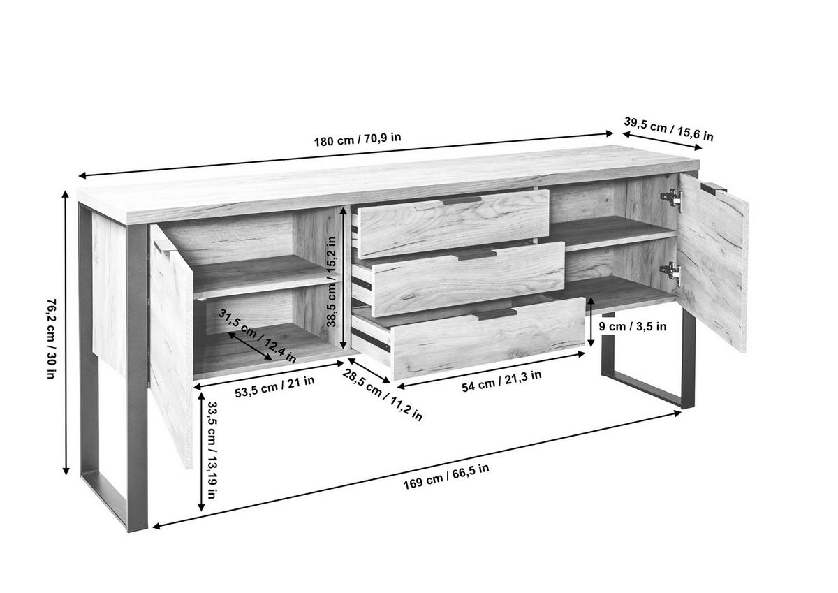 Sideboard Loop Sb 180 Eichefarben/weiß B: 180 Cm - Eichefarben/Weiß, KONVENTIONELL, Holzwerkstoff/Metall (180/76/40cm) - Livetastic