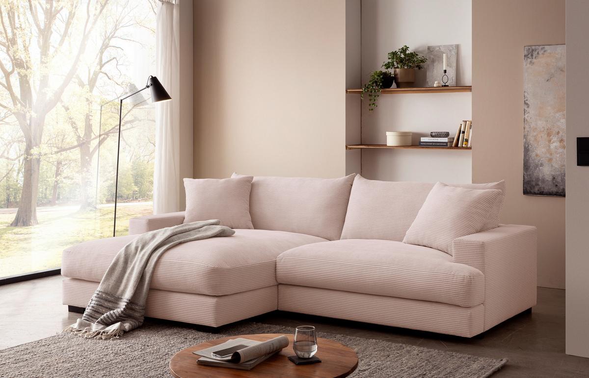 Rohová sedačka PELLE, levá, růžový manšestr - růžová/černá, Moderní, textil (180/265cm)